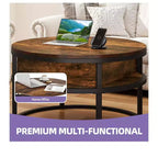 Table basse ronde relevable avec rangement et compartiment caché, petite table centrale de ferme en bois