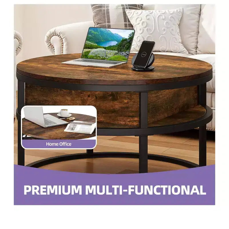 Table basse ronde relevable avec rangement et compartiment caché, petite table centrale de ferme en bois