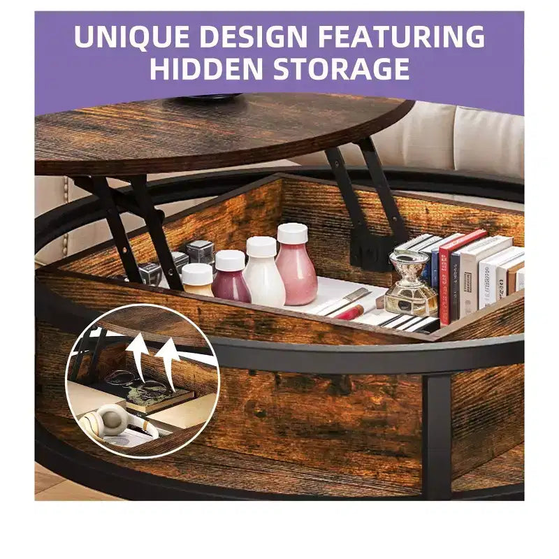 Table basse ronde relevable avec rangement et compartiment caché, petite table centrale de ferme en bois
