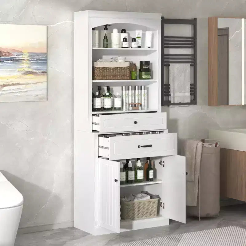 Meuble de rangement de salle de bain Okak en blanc mat avec 3 étagères, 2 tiroirs et 2 portes, armoire de salle de bain anti-basculement