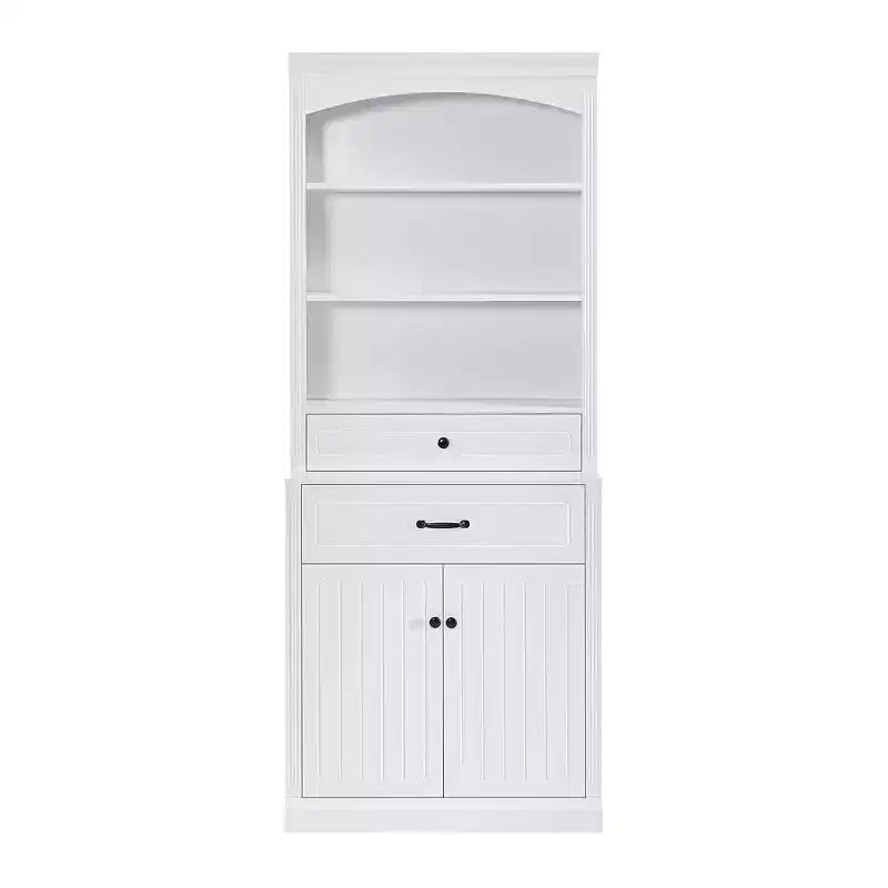 Meuble de rangement de salle de bain Okak en blanc mat avec 3 étagères, 2 tiroirs et 2 portes, armoire de salle de bain anti-basculement