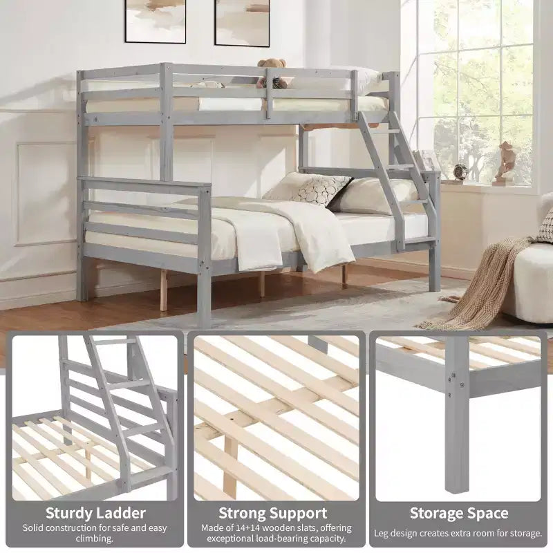 Lit superposé MAYEERTY deux places avec échelle, cadre en bois avec barrière de sécurité haute pour enfants, pas besoin de sommier.