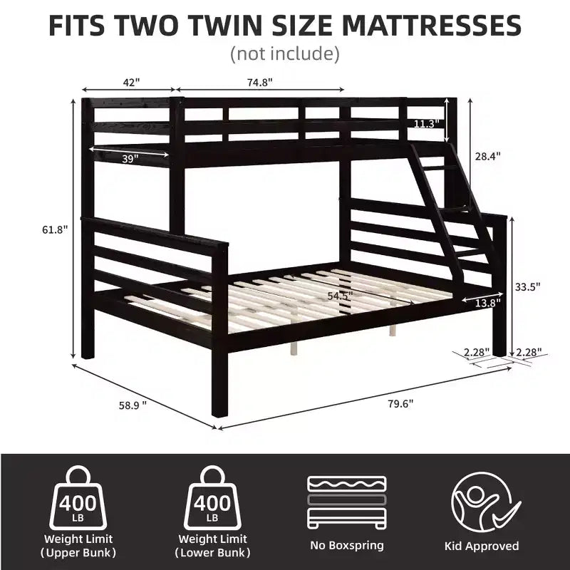 Lit superposé MAYEERTY deux places avec échelle, cadre en bois avec barrière de sécurité haute pour enfants, pas besoin de sommier.