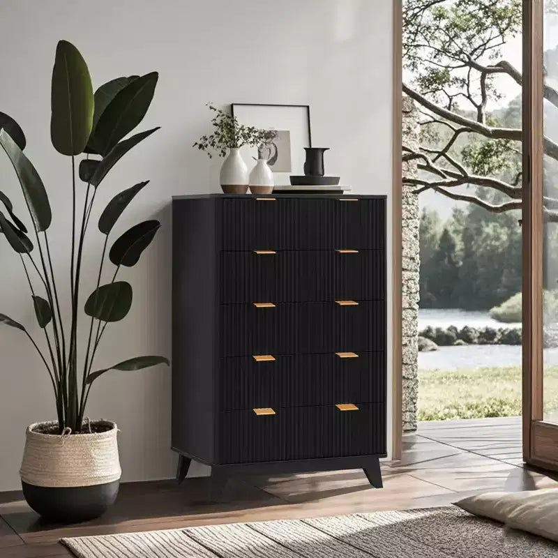 COZONY Commode haute à 5 tiroirs en bois cannelé ondulé, tiroirs de rangement modernes pour salon, chambre d'enfant, crèche