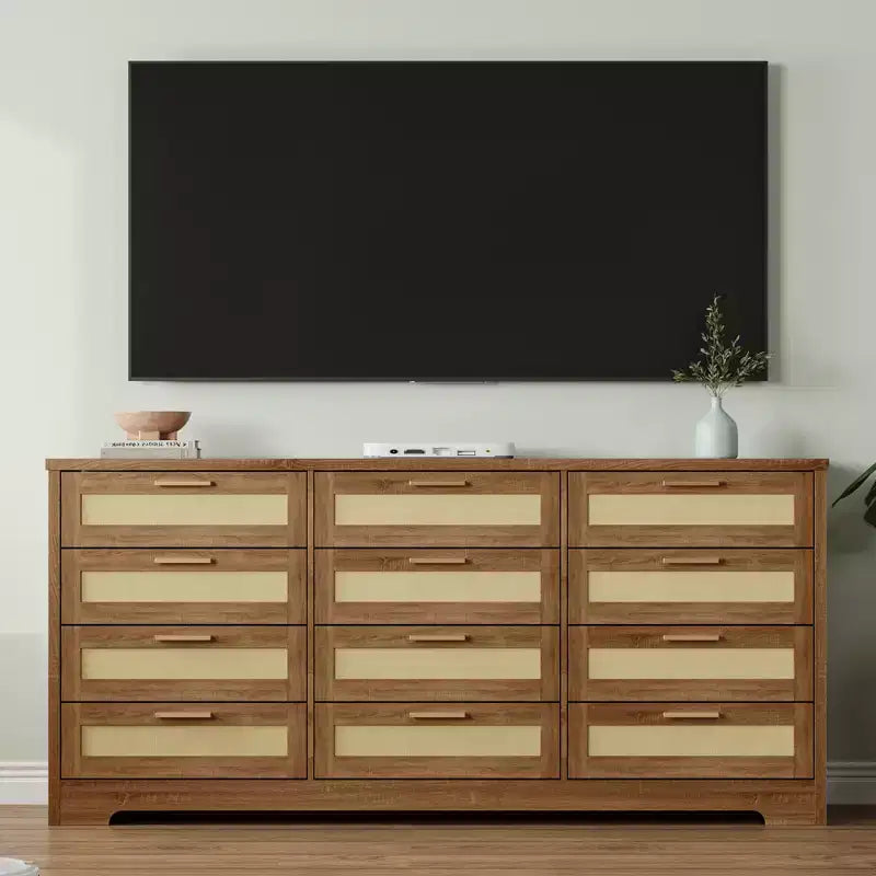 Commode à 12 tiroirs pour chambre, commode moderne en rotin, meuble de rangement en bois avec tiroirs et poignées, pour chambre d'enfant, entrée, salon