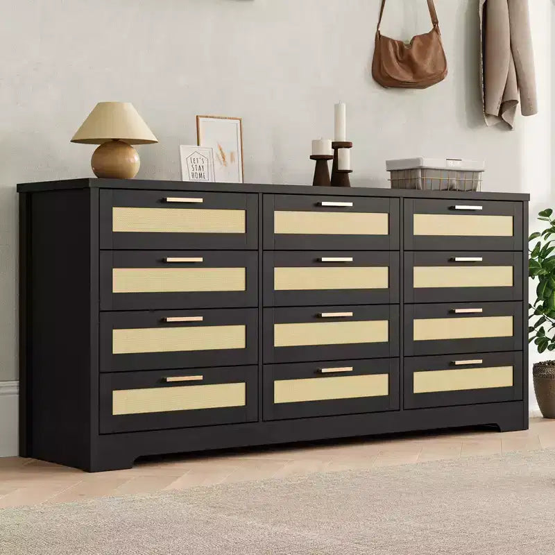 Commode à 12 tiroirs pour chambre, commode moderne en rotin, meuble de rangement en bois avec tiroirs et poignées, pour chambre d'enfant, entrée, salon