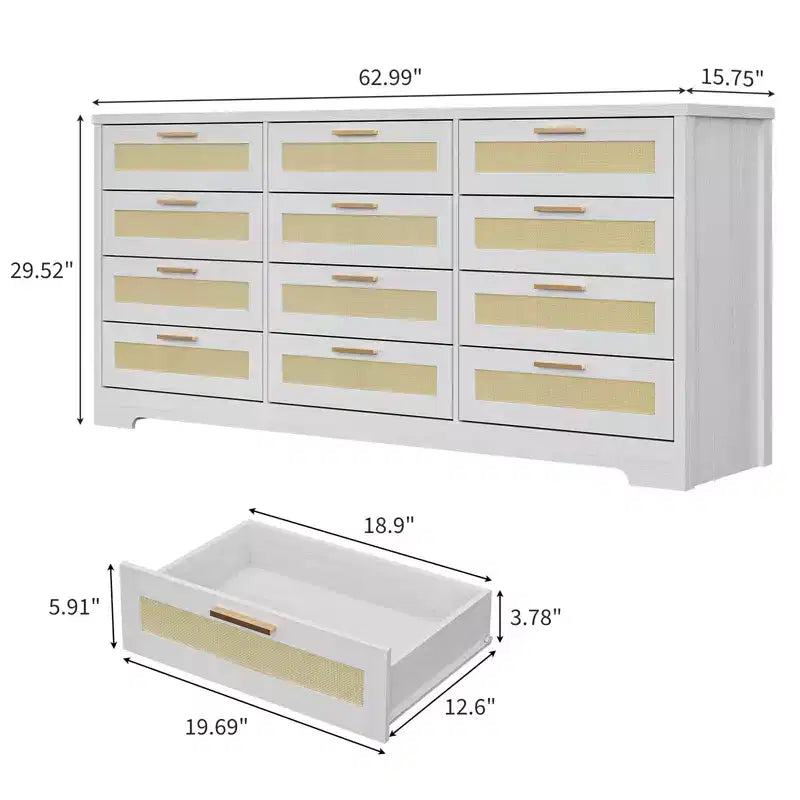 Commode à 12 tiroirs pour chambre, commode moderne en rotin, meuble de rangement en bois avec tiroirs et poignées, pour chambre d'enfant, entrée, salon