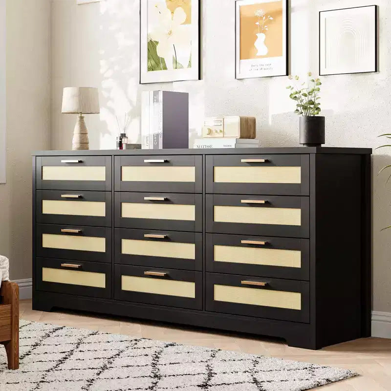 Commode à 12 tiroirs pour chambre, commode moderne en rotin, meuble de rangement en bois avec tiroirs et poignées, pour chambre d'enfant, entrée, salon