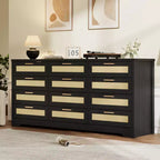 12 Drawer Dresser for Bedroom, Modern Rattan Chest of Drawers, Wood Storage Organizer with Drawers and Handles, for Nursery, Entryway, Living Room