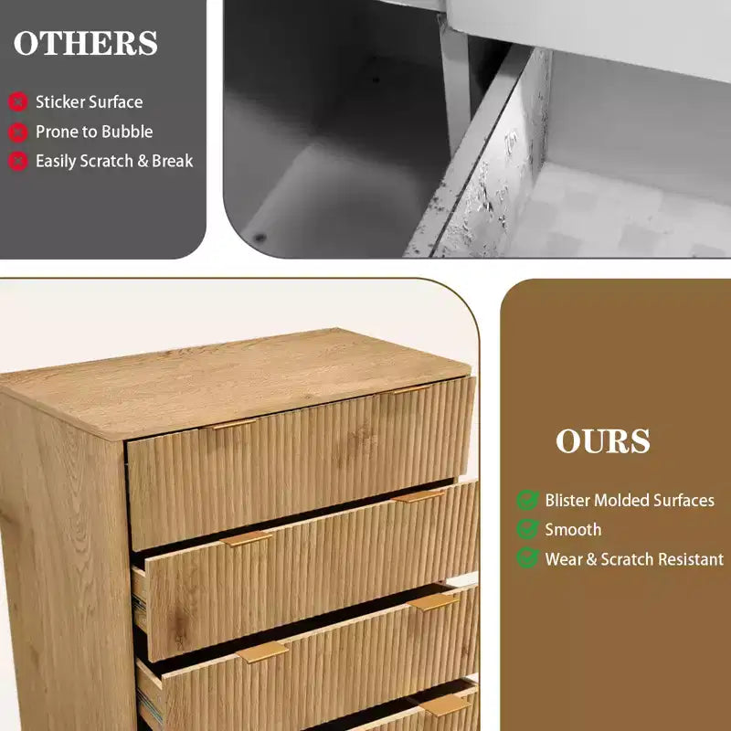 Commode 5 tiroirs pour chambre à coucher, commode en bois à panneaux cannelés Rangement et organisation pour salon, placard, couloir