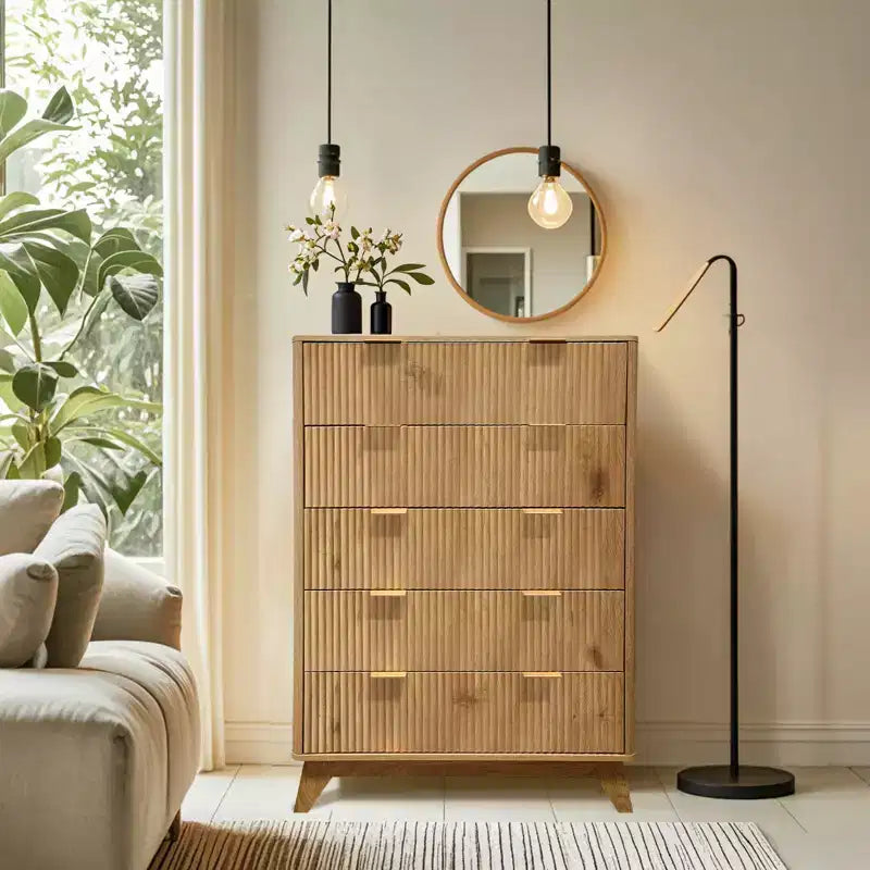 Commode 5 tiroirs pour chambre à coucher, commode en bois à panneaux cannelés Rangement et organisation pour salon, placard, couloir