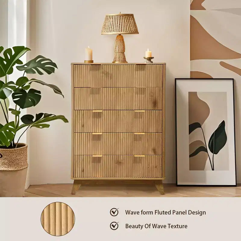 Commode 5 tiroirs pour chambre à coucher, commode en bois à panneaux cannelés Rangement et organisation pour salon, placard, couloir