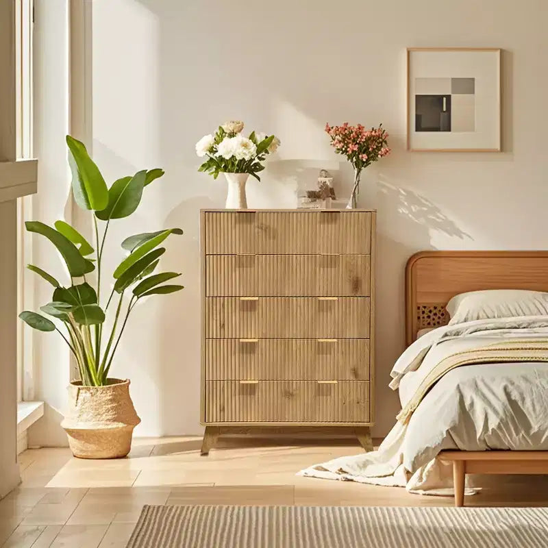 Commode 5 tiroirs pour chambre à coucher, commode en bois à panneaux cannelés Rangement et organisation pour salon, placard, couloir