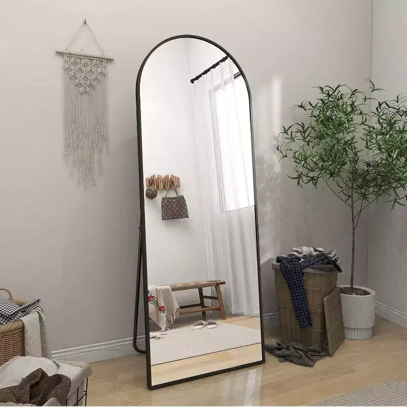 Miroir pleine longueur 64x21, Miroir mural à suspendre ou à poser avec support pour chambre à coucher, dressing, Noir, Dessus cintré