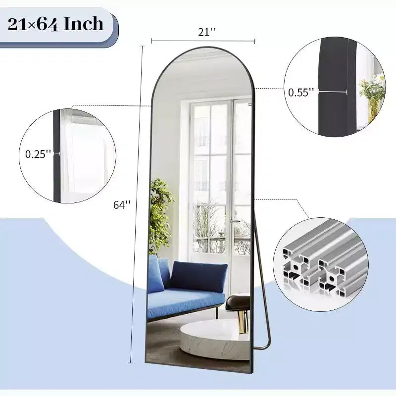 Miroir pleine longueur 64x21, Miroir mural à suspendre ou à poser avec support pour chambre à coucher, dressing, Noir, Dessus cintré