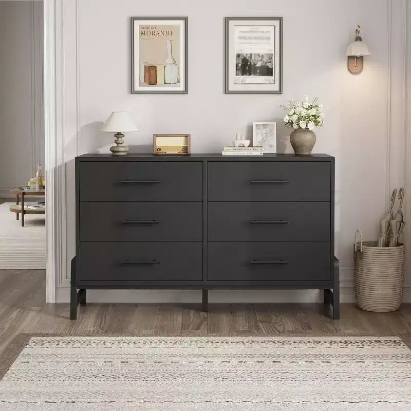 Commode double à 6 tiroirs pour chambre à coucher, tiroir large avec rangement autonome, commode de rangement en bois pour chambre à coucher, couloir et entrée