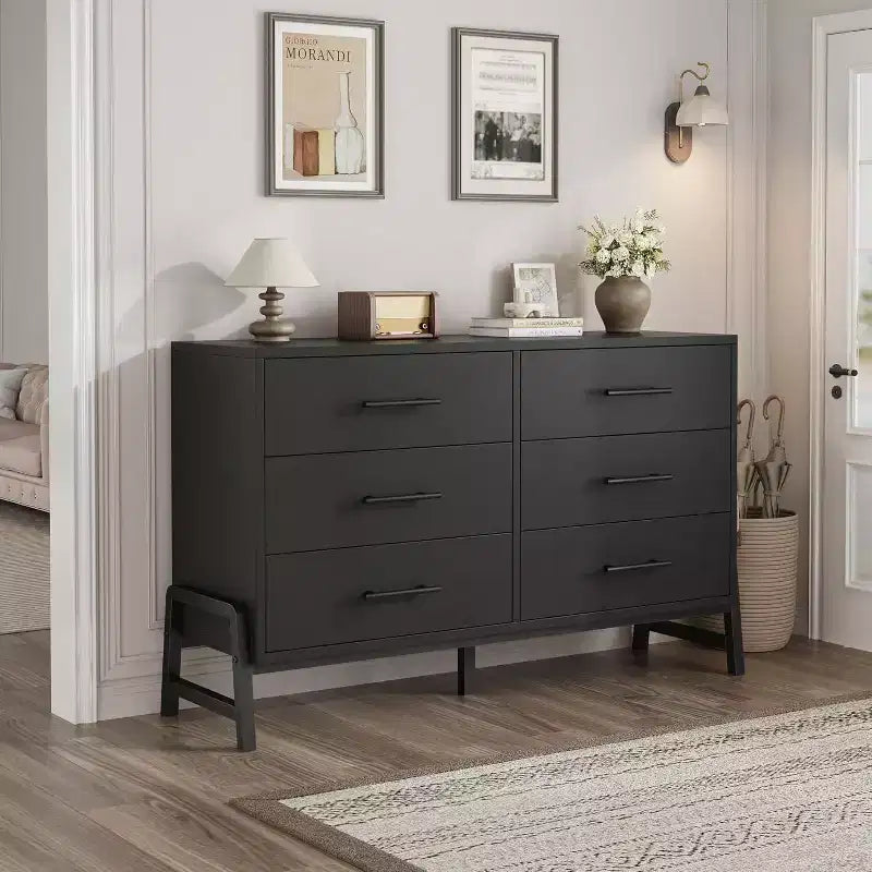 Commode double à 6 tiroirs pour chambre à coucher, tiroir large avec rangement autonome, commode de rangement en bois pour chambre à coucher, couloir et entrée