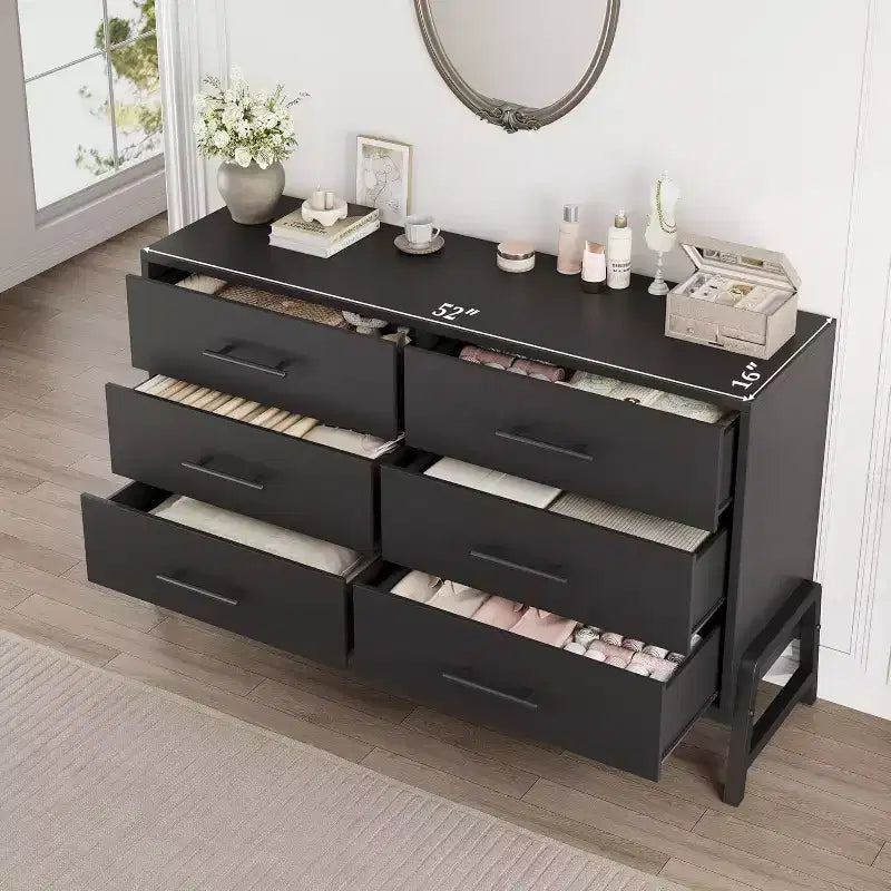 Commode double à 6 tiroirs pour chambre à coucher, tiroir large avec rangement autonome, commode de rangement en bois pour chambre à coucher, couloir et entrée