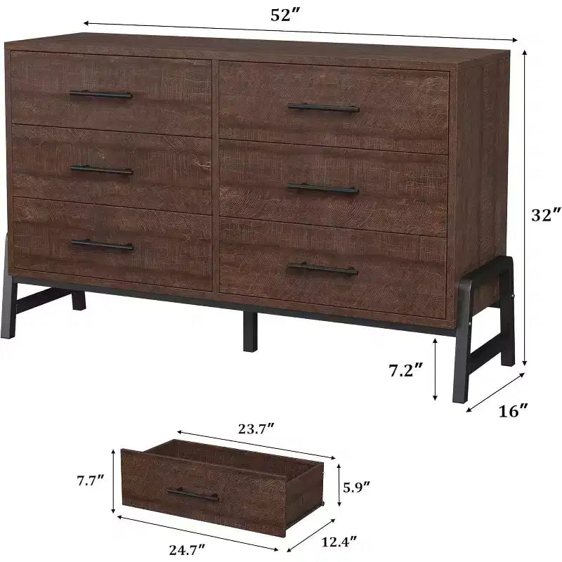 Commode double à 6 tiroirs pour chambre à coucher, tiroir large avec rangement autonome, commode de rangement en bois pour chambre à coucher, couloir et entrée