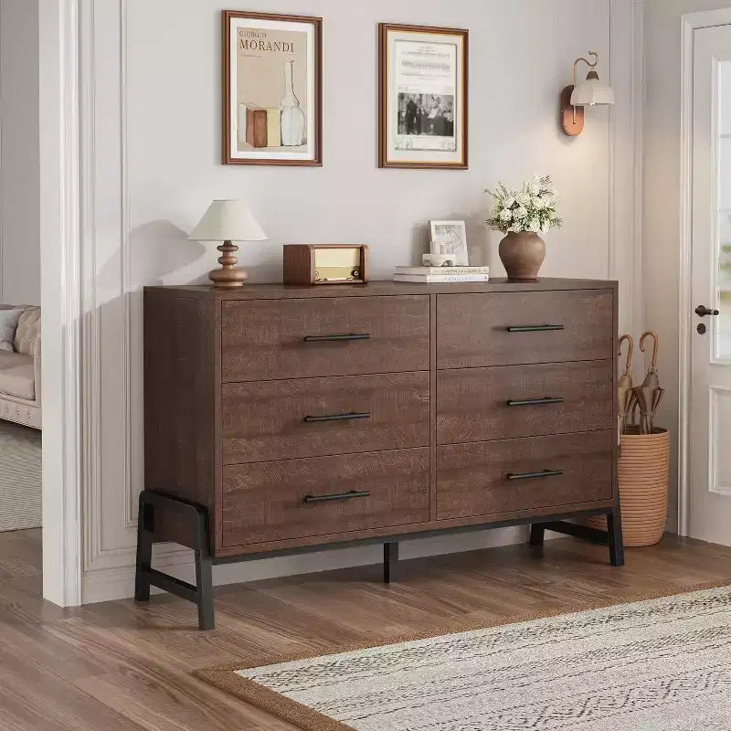 Commode double à 6 tiroirs pour chambre à coucher, tiroir large avec rangement autonome, commode de rangement en bois pour chambre à coucher, couloir et entrée