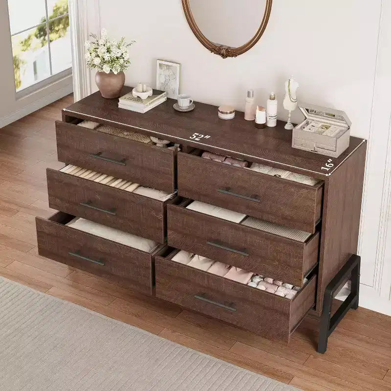 Commode double à 6 tiroirs pour chambre à coucher, tiroir large avec rangement autonome, commode de rangement en bois pour chambre à coucher, couloir et entrée