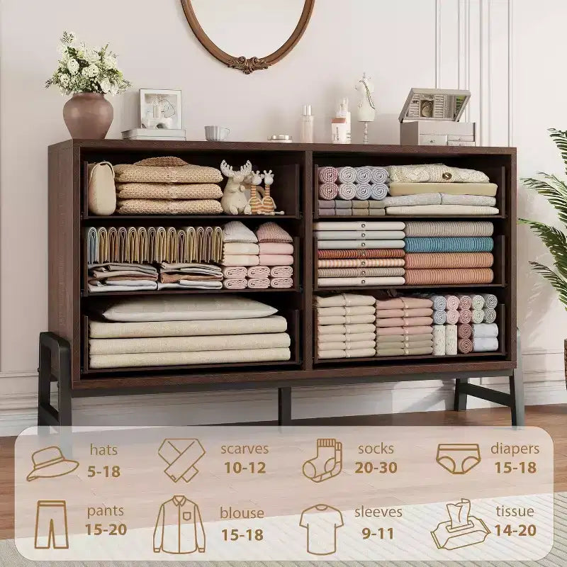 Commode double à 6 tiroirs pour chambre à coucher, tiroir large avec rangement autonome, commode de rangement en bois pour chambre à coucher, couloir et entrée