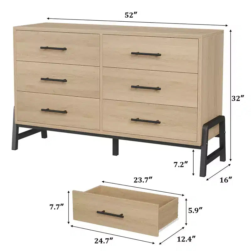 Commode double à 6 tiroirs pour chambre à coucher, tiroir large avec rangement autonome, commode de rangement en bois pour chambre à coucher, couloir et entrée