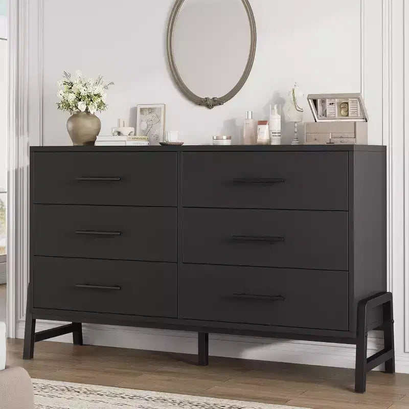Commode double à 6 tiroirs pour chambre à coucher, tiroir large avec rangement autonome, commode de rangement en bois pour chambre à coucher, couloir et entrée