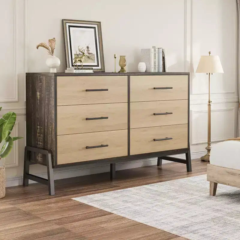 Commode double à 6 tiroirs pour chambre à coucher, tiroir large avec rangement autonome, commode de rangement en bois pour chambre à coucher, couloir et entrée