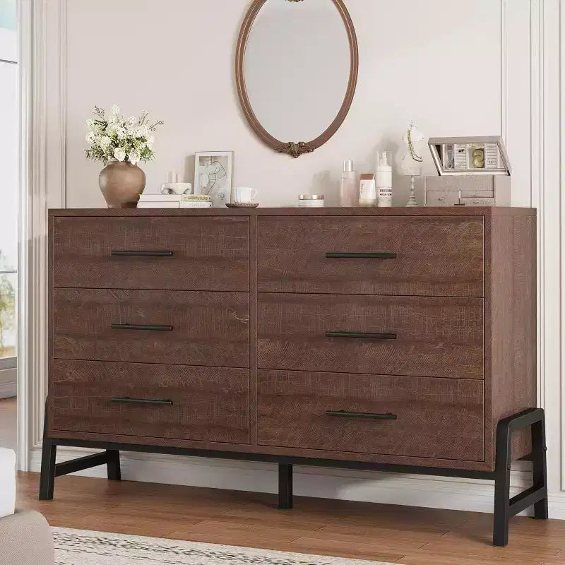 Commode double à 6 tiroirs pour chambre à coucher, tiroir large avec rangement autonome, commode de rangement en bois pour chambre à coucher, couloir et entrée