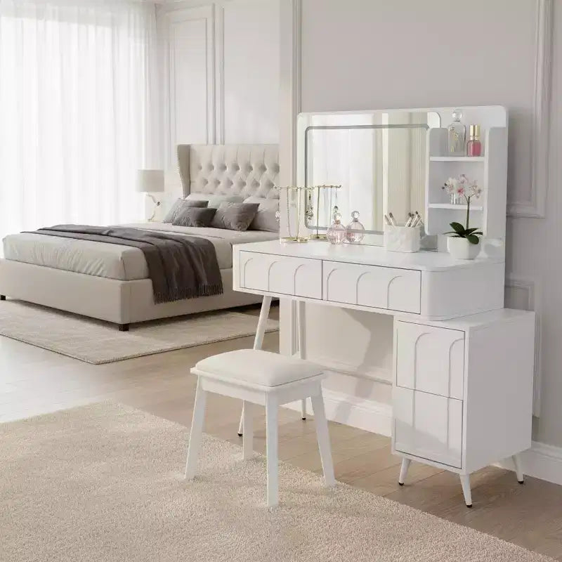 Coiffeuse Homy Casa avec miroir LED, tiroirs de rangement et étagère, tabouret pour chambre ou dressing, Blanc