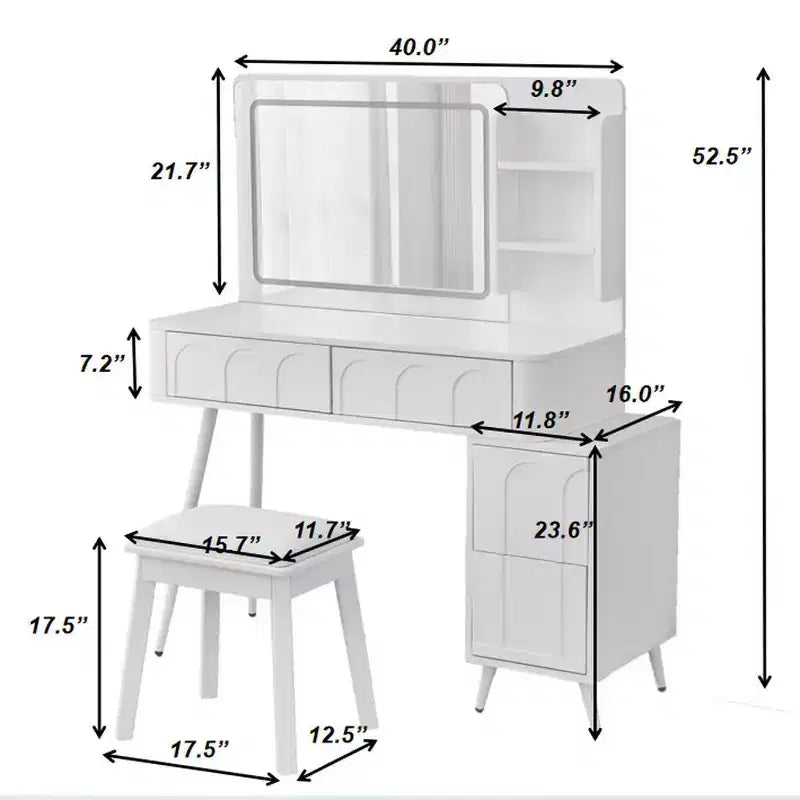 Coiffeuse Homy Casa avec miroir LED, tiroirs de rangement et étagère, tabouret pour chambre ou dressing, Blanc