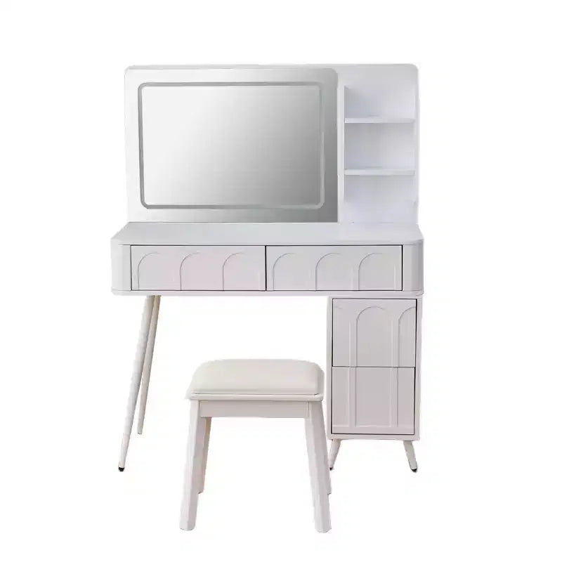 Coiffeuse Homy Casa avec miroir LED, tiroirs de rangement et étagère, tabouret pour chambre ou dressing, Blanc