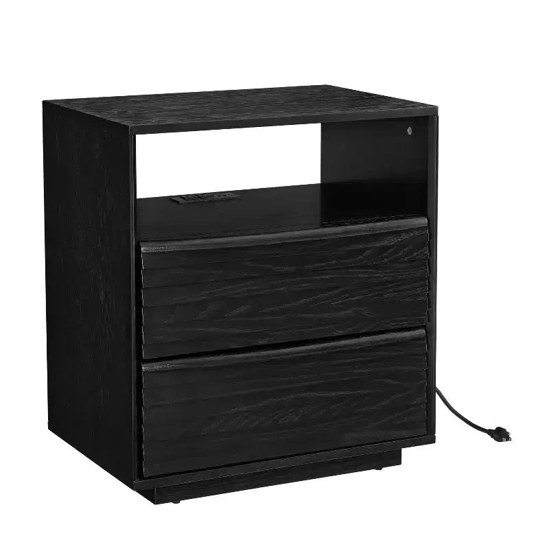 Table de Chevet Mid-Century Moderne avec Station de Recharge, Trou de Prise, 2 Tiroirs en Bois Massif, Étagère Ouverte, Table d'Appoint pour Salon ou Dortoir