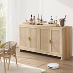 Buffet en rotin 60, Bahut de rangement avec 4 portes et étagères réglables, Console tressée pour salle à manger, salon, entrée