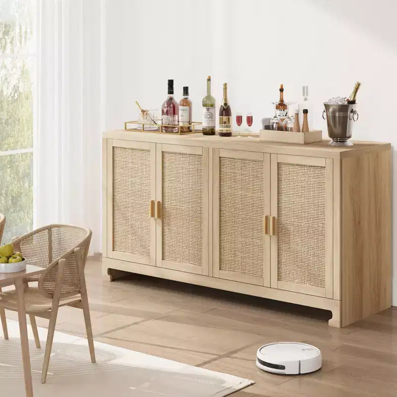 Buffet en rotin 60, Bahut de rangement avec 4 portes et étagères réglables, Console tressée pour salle à manger, salon, entrée