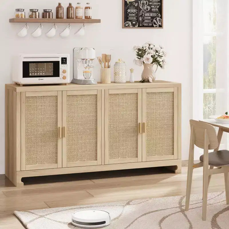Buffet en rotin 60, Bahut de rangement avec 4 portes et étagères réglables, Console tressée pour salle à manger, salon, entrée