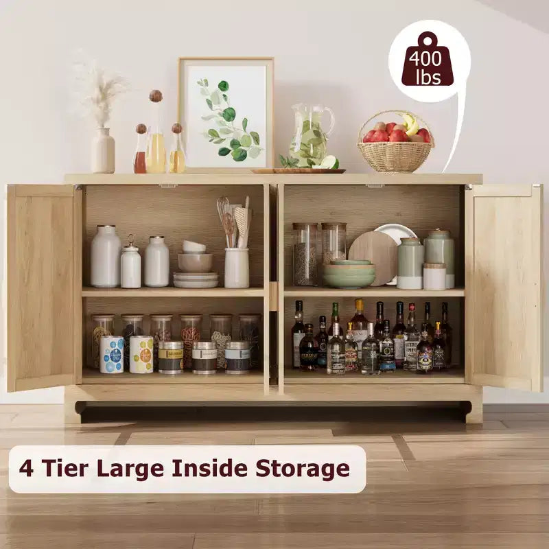 Buffet en rotin 60, Bahut de rangement avec 4 portes et étagères réglables, Console tressée pour salle à manger, salon, entrée