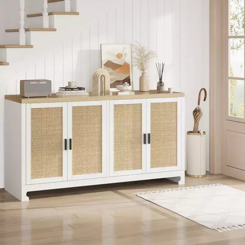 Buffet en rotin 60, Bahut de rangement avec 4 portes et étagères réglables, Console tressée pour salle à manger, salon, entrée