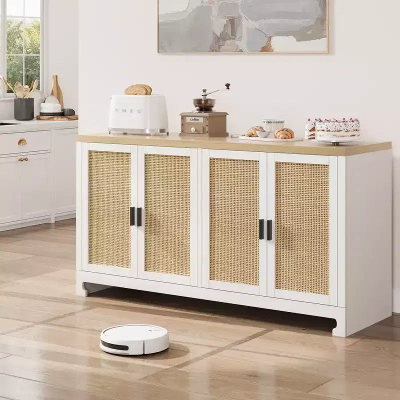 Buffet en rotin 60, Bahut de rangement avec 4 portes et étagères réglables, Console tressée pour salle à manger, salon, entrée