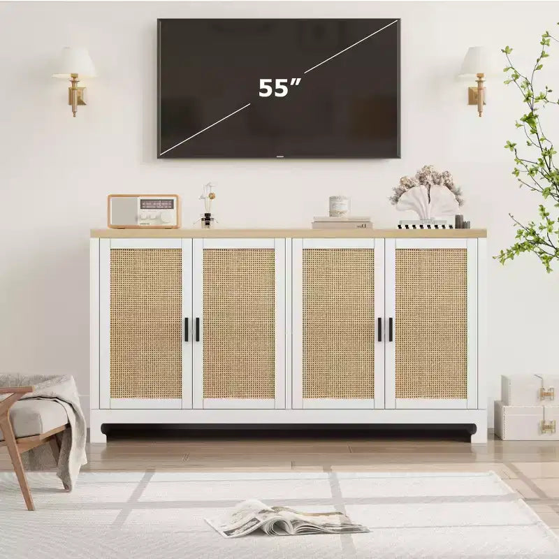 Buffet en rotin 60, Bahut de rangement avec 4 portes et étagères réglables, Console tressée pour salle à manger, salon, entrée