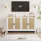 Buffet en rotin 60, Bahut de rangement avec 4 portes et étagères réglables, Console tressée pour salle à manger, salon, entrée