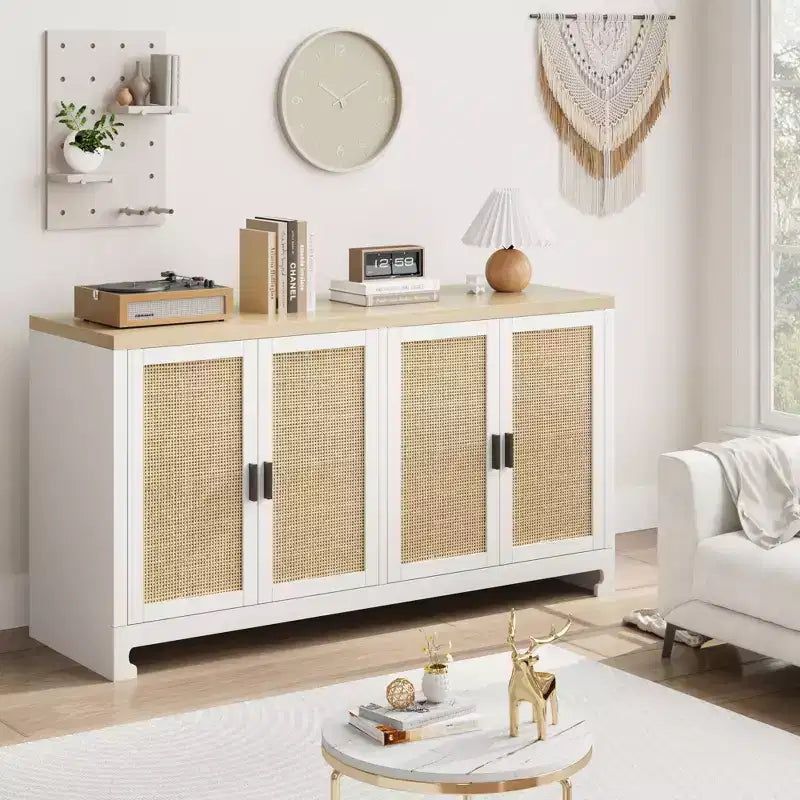60 Rattan Buffet Cabinet, Storage Sideboard with 4 Doors & Adjustable Shelves, Woven Console Table for Dining Room, Living Room, Entryway