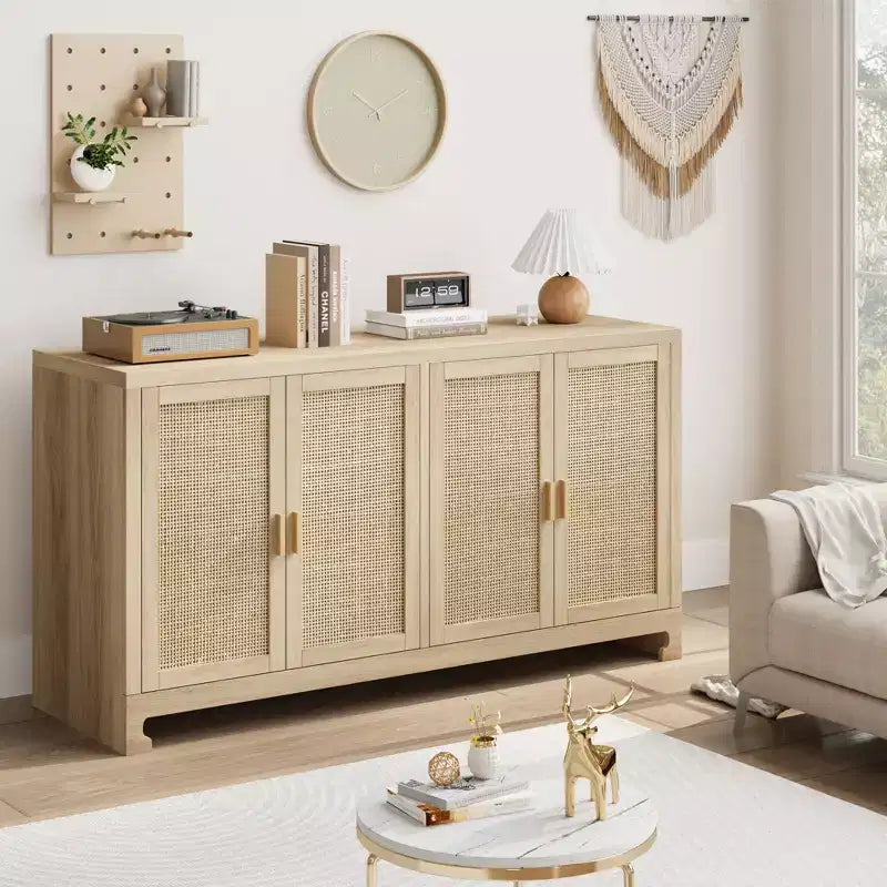 Buffet en rotin 60, Bahut de rangement avec 4 portes et étagères réglables, Console tressée pour salle à manger, salon, entrée
