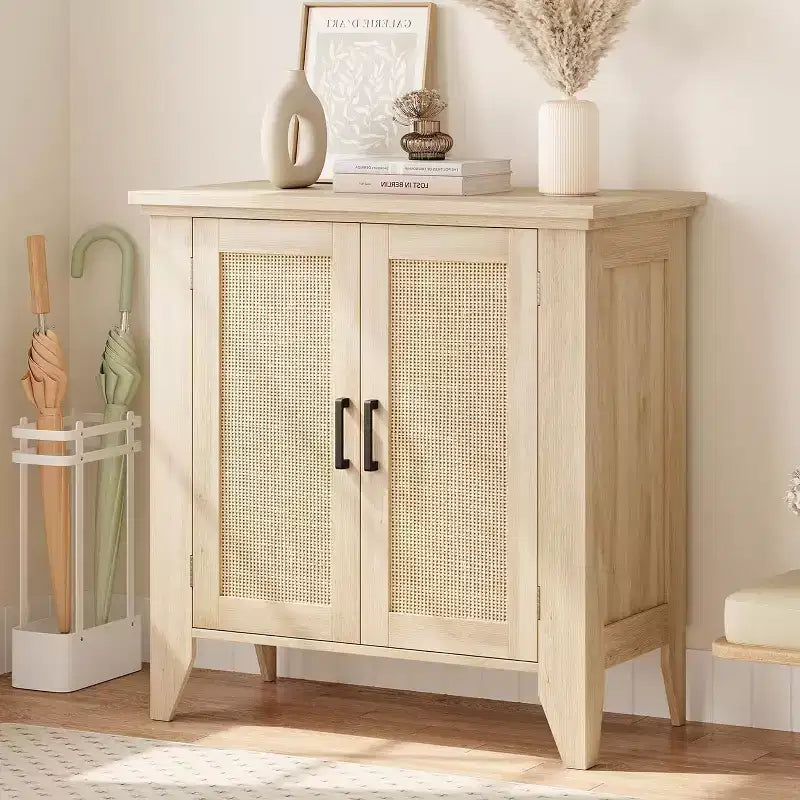 Rattan Sideboard Buffet Cabinet, Small Storage Cabinet with Doors and Shelves, Wood Accent Console Cabinet for Living Room, Dining Room, Kitchen