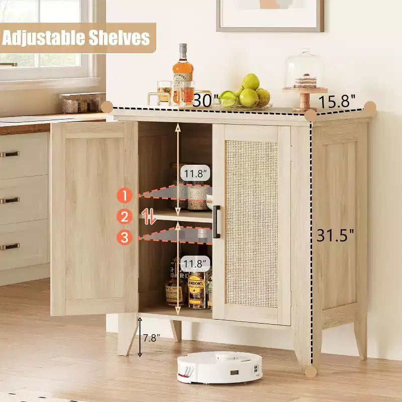Buffet en rotin, petit meuble de rangement avec portes et étagères, console d'appoint en bois pour salon, salle à manger, cuisine