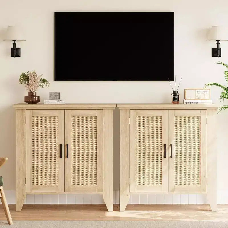 Buffet en rotin, petit meuble de rangement avec portes et étagères, console d'appoint en bois pour salon, salle à manger, cuisine
