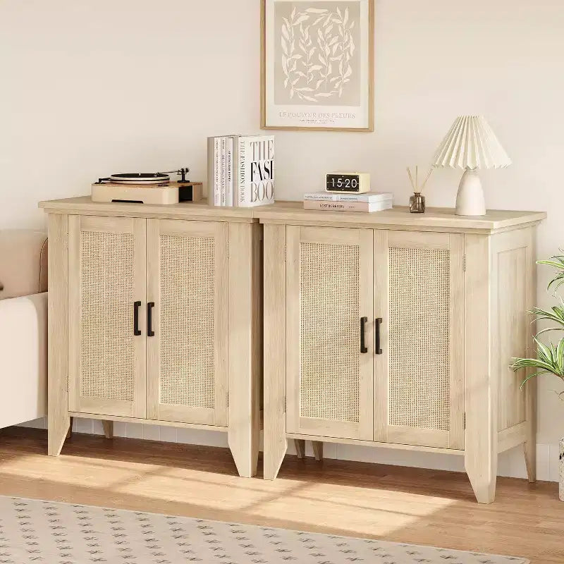 Buffet en rotin, petit meuble de rangement avec portes et étagères, console d'appoint en bois pour salon, salle à manger, cuisine