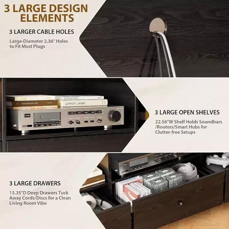 Meuble TV de 178 cm pour TV jusqu'à 203 cm, Console multimédia en bois avec 3 tiroirs de rangement et 3 étagères ouvertes pour salon et chambre