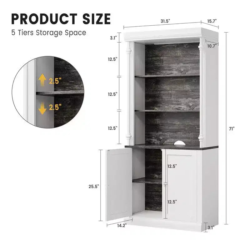 Coolmee Étagère bibliothèque haute réglable à 5 niveaux, Bibliothèque colonne romaine avec lumière LED, Étagères ouvertes et Armoire de rangement à double porte pour bureau à domicile